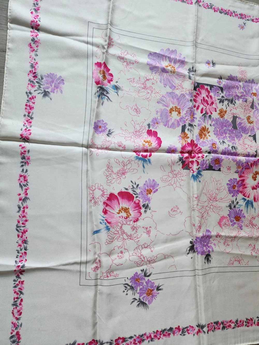 Auth Dior Floral Pink & Purple Blooms Silk Scarf